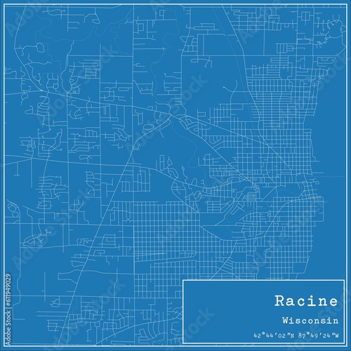 Blueprint US city map of Racine  Wisconsin.