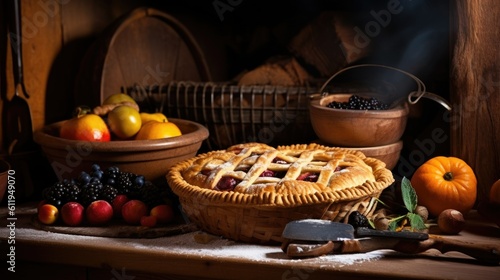 make pie with fruit in front modern oven, and stuff tools equipment, without text - generative AI