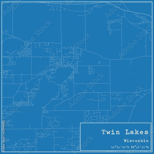 Blueprint US city map of Twin Lakes, Wisconsin.