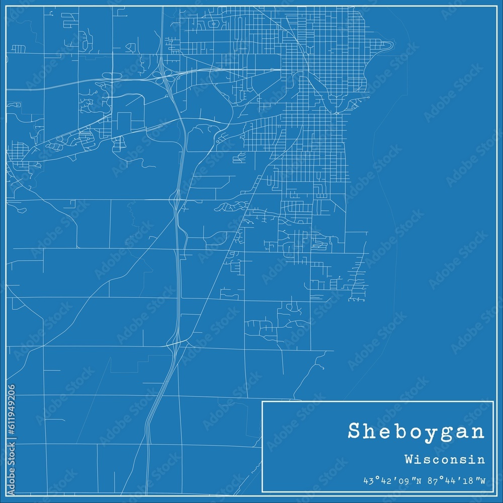 Blueprint US city map of Sheboygan, Wisconsin.