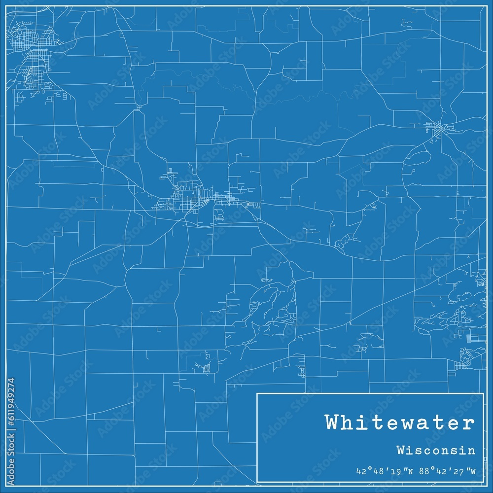 Blueprint US city map of Whitewater, Wisconsin.
