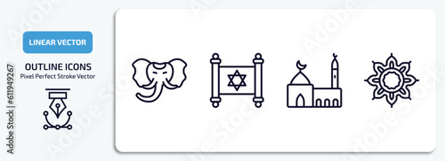 religion outline icons set. religion thin line icons pack included holy elephant, judaism, medina, arabic art vector.