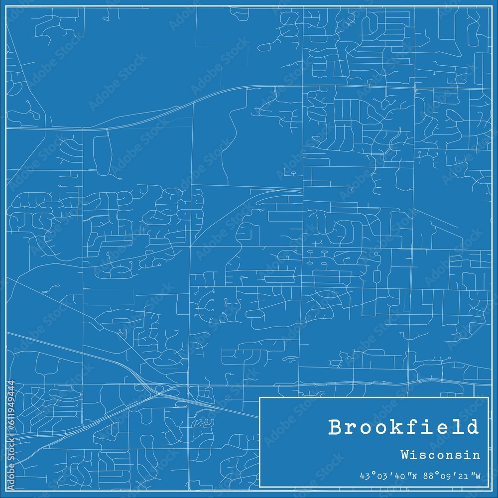 Blueprint US city map of Brookfield, Wisconsin.