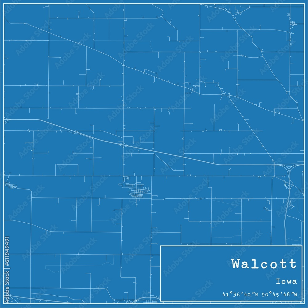 Blueprint US city map of Walcott, Iowa.