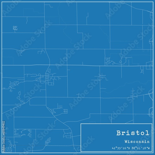 Blueprint US city map of Bristol, Wisconsin.
