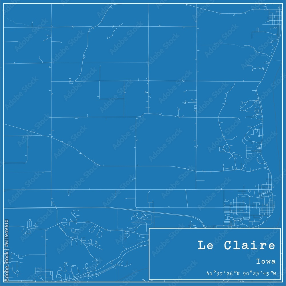 Blueprint US city map of Le Claire, Iowa.