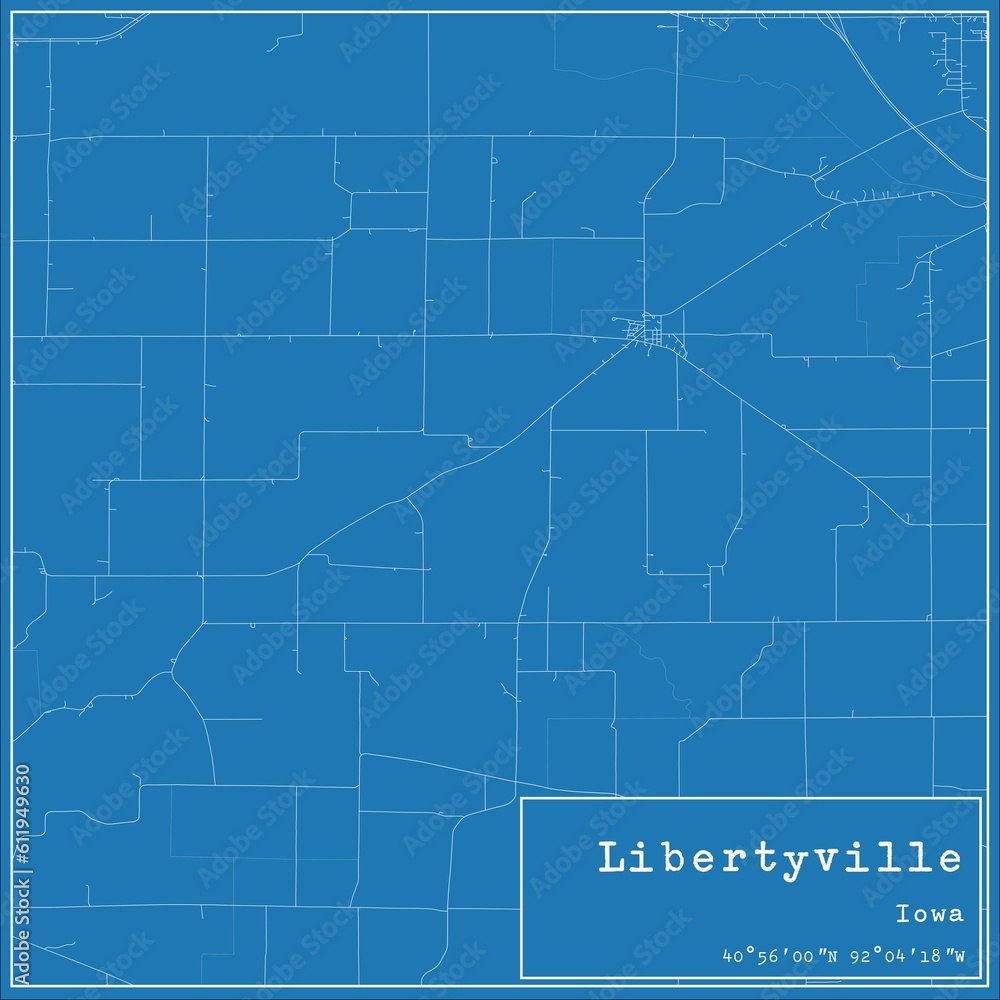 Blueprint US city map of Libertyville, Iowa.