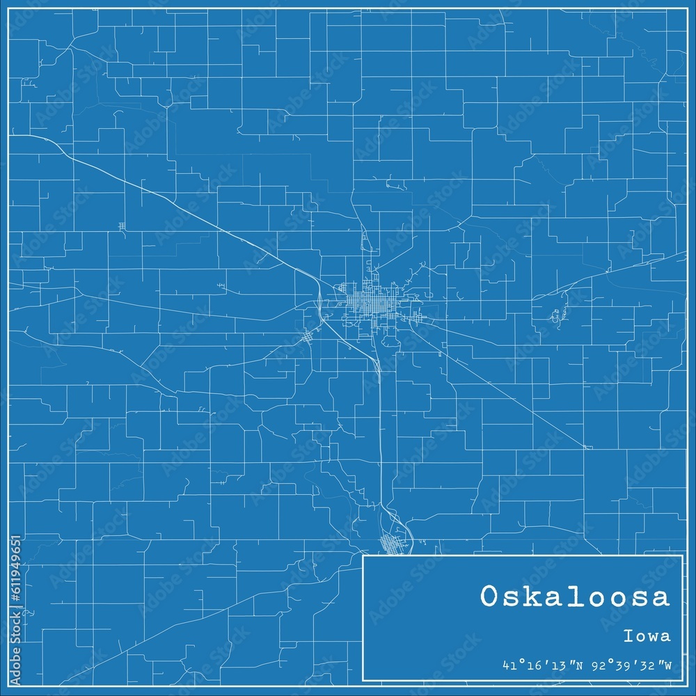 Blueprint US city map of Oskaloosa, Iowa.