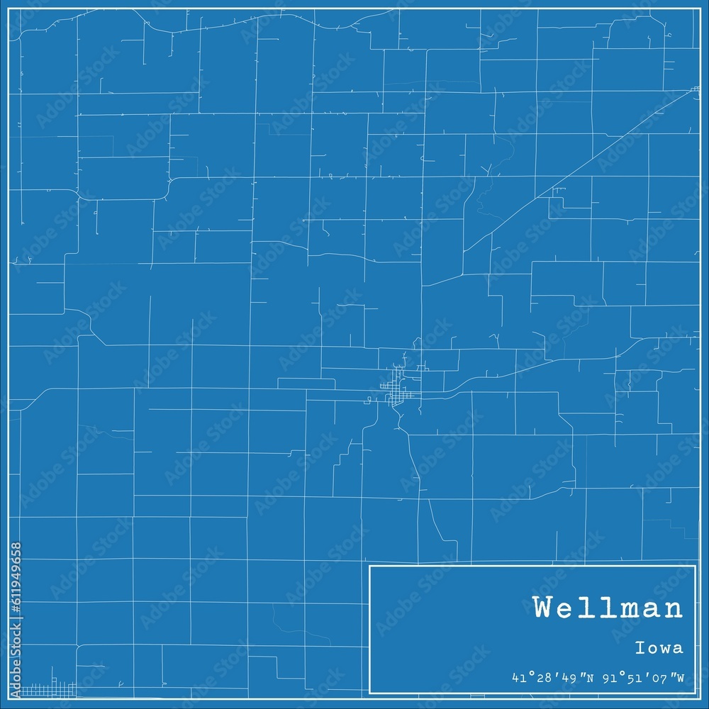 Blueprint US city map of Wellman, Iowa.