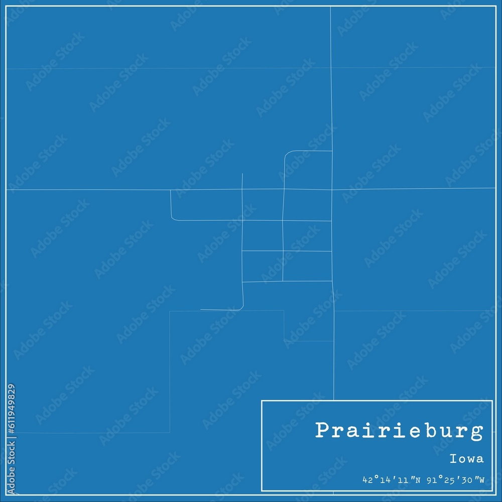Blueprint US city map of Prairieburg, Iowa.