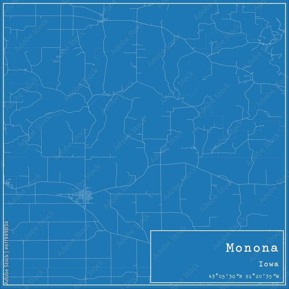Blueprint US city map of Monona, Iowa.