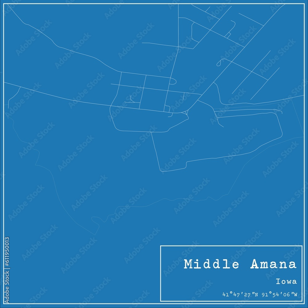 Blueprint US city map of Middle Amana, Iowa.