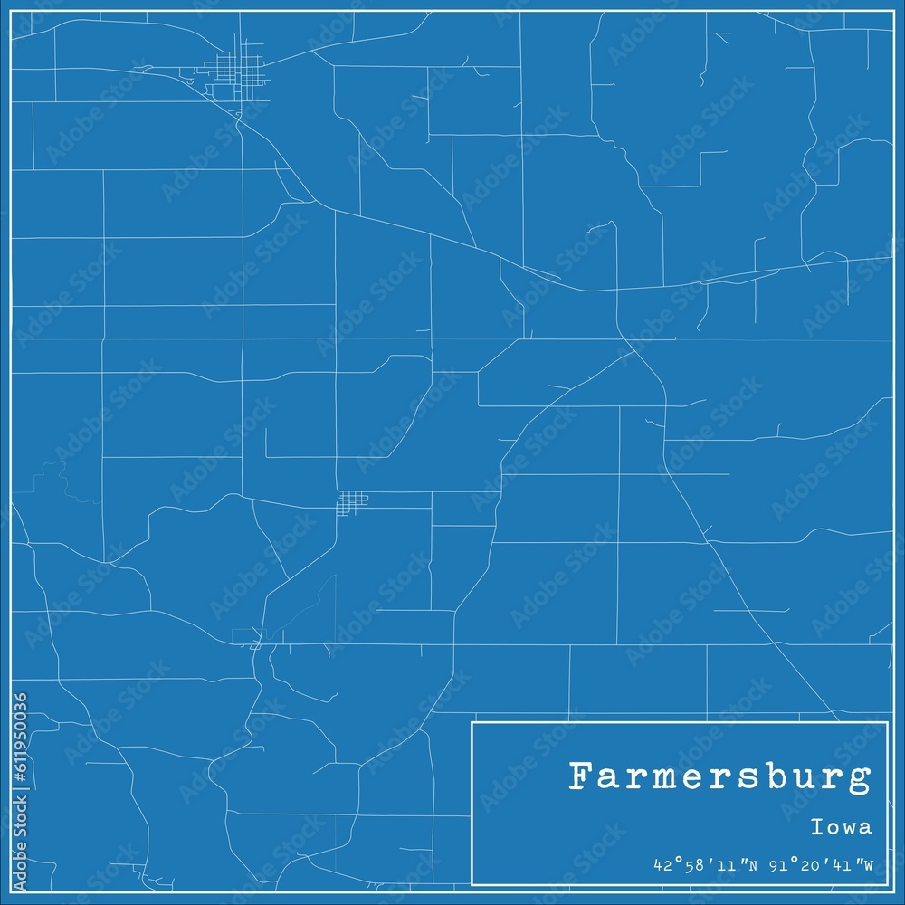 Blueprint US city map of Farmersburg, Iowa.