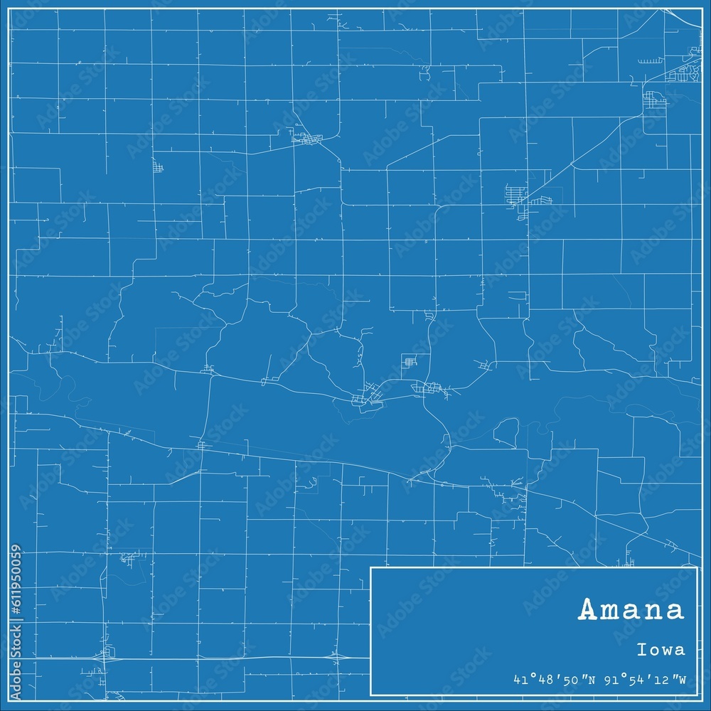 Blueprint US city map of Amana, Iowa.