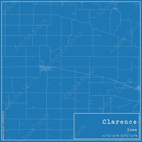 Blueprint US city map of Clarence  Iowa.