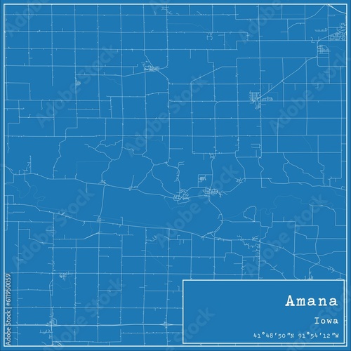 Blueprint US city map of Amana  Iowa.