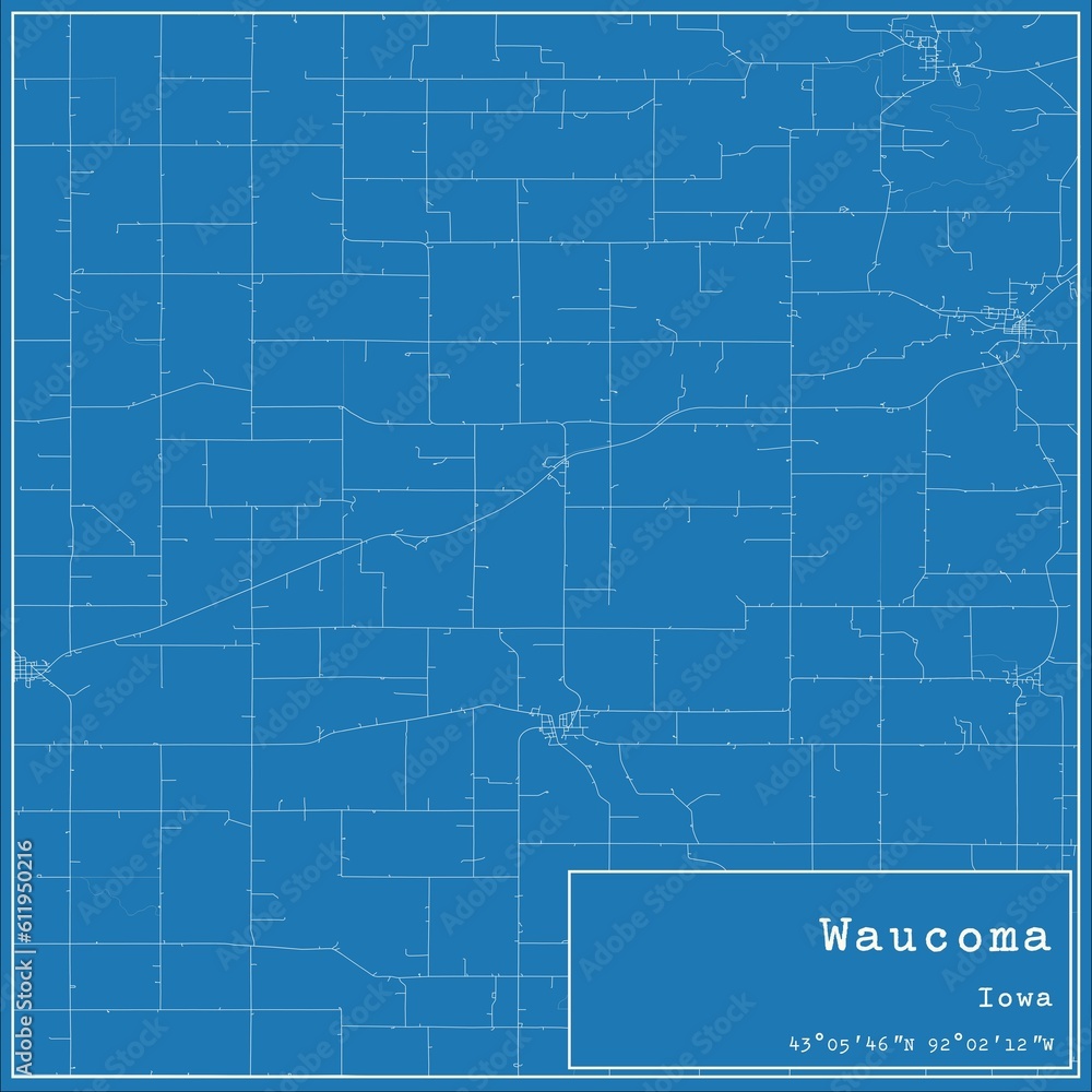 Blueprint US city map of Waucoma, Iowa.