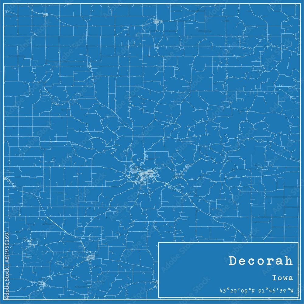 Blueprint US city map of Decorah, Iowa.