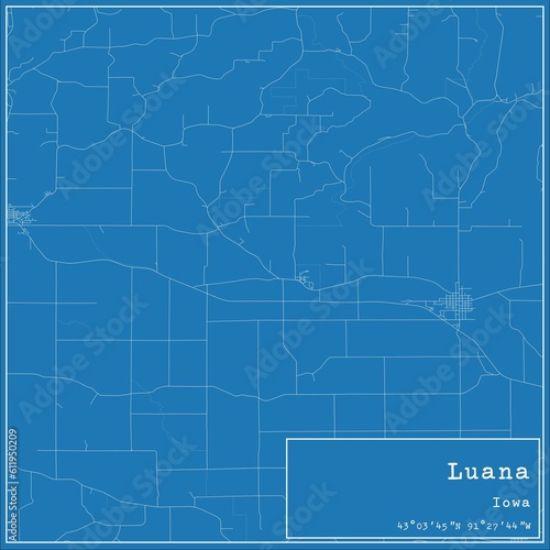 Blueprint US city map of Luana, Iowa.