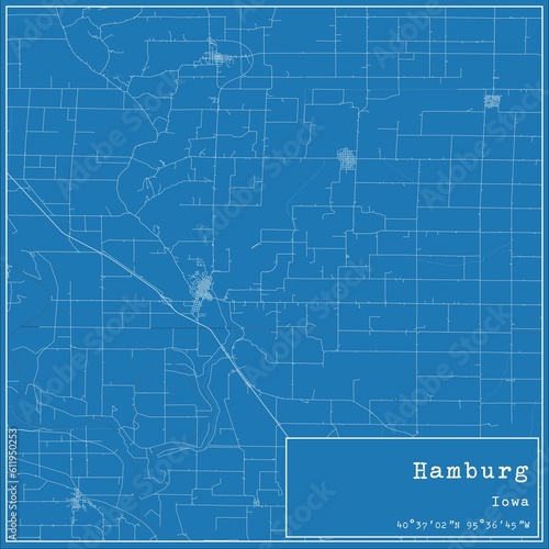 Blueprint US city map of Hamburg, Iowa. photo