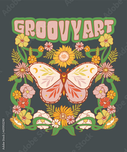 Photography Groovy Art slogan with butterfly and flowers