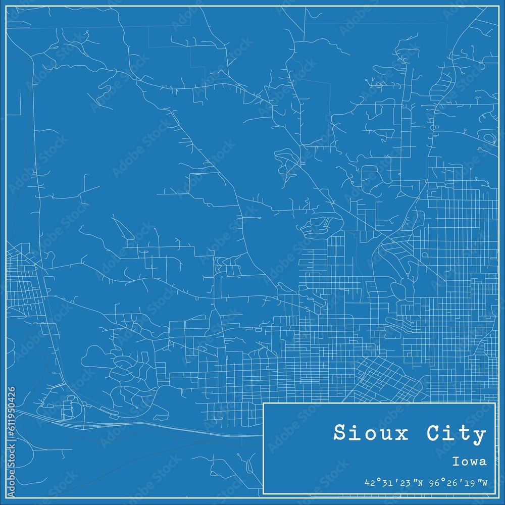 Blueprint US city map of Sioux City, Iowa.