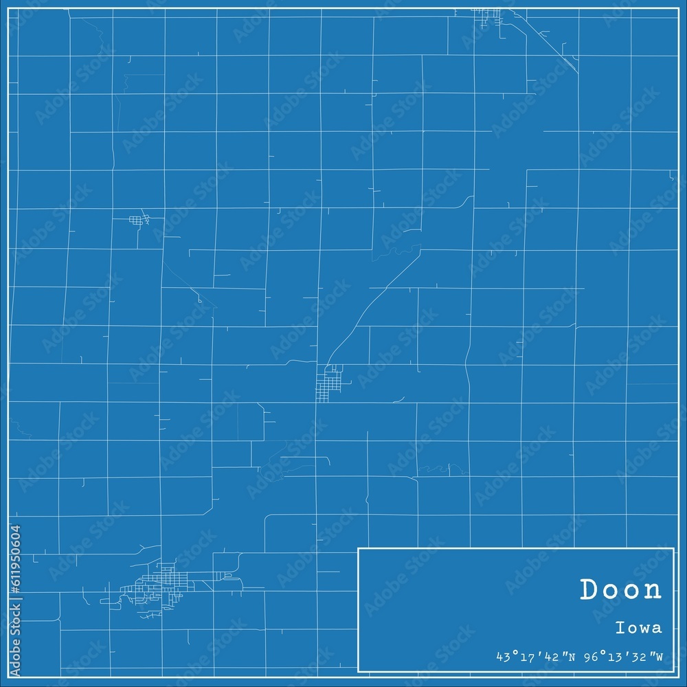 Blueprint US city map of Doon, Iowa.