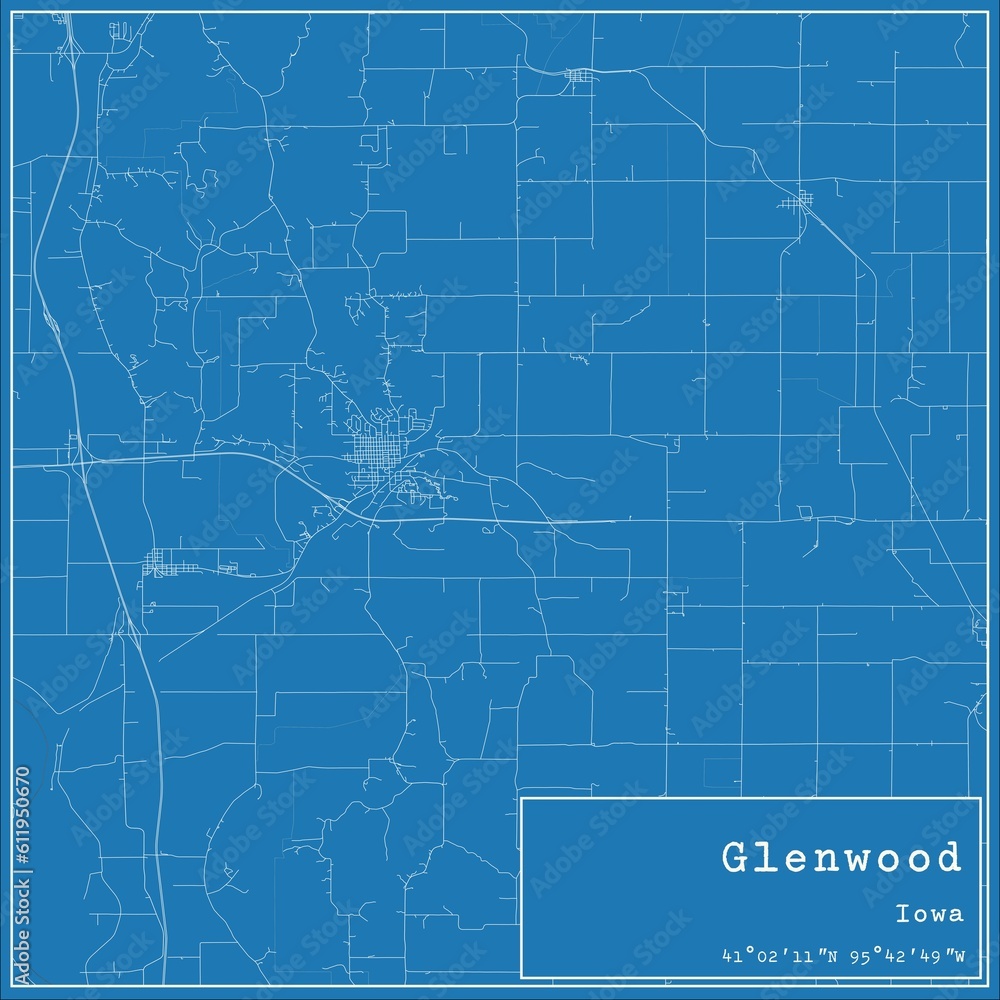 Blueprint US city map of Glenwood, Iowa.