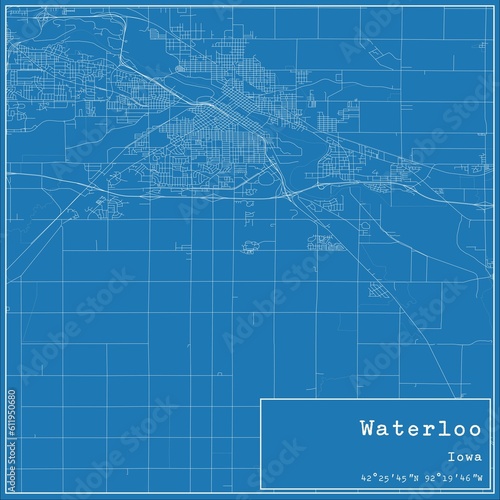 Blueprint US city map of Waterloo, Iowa.