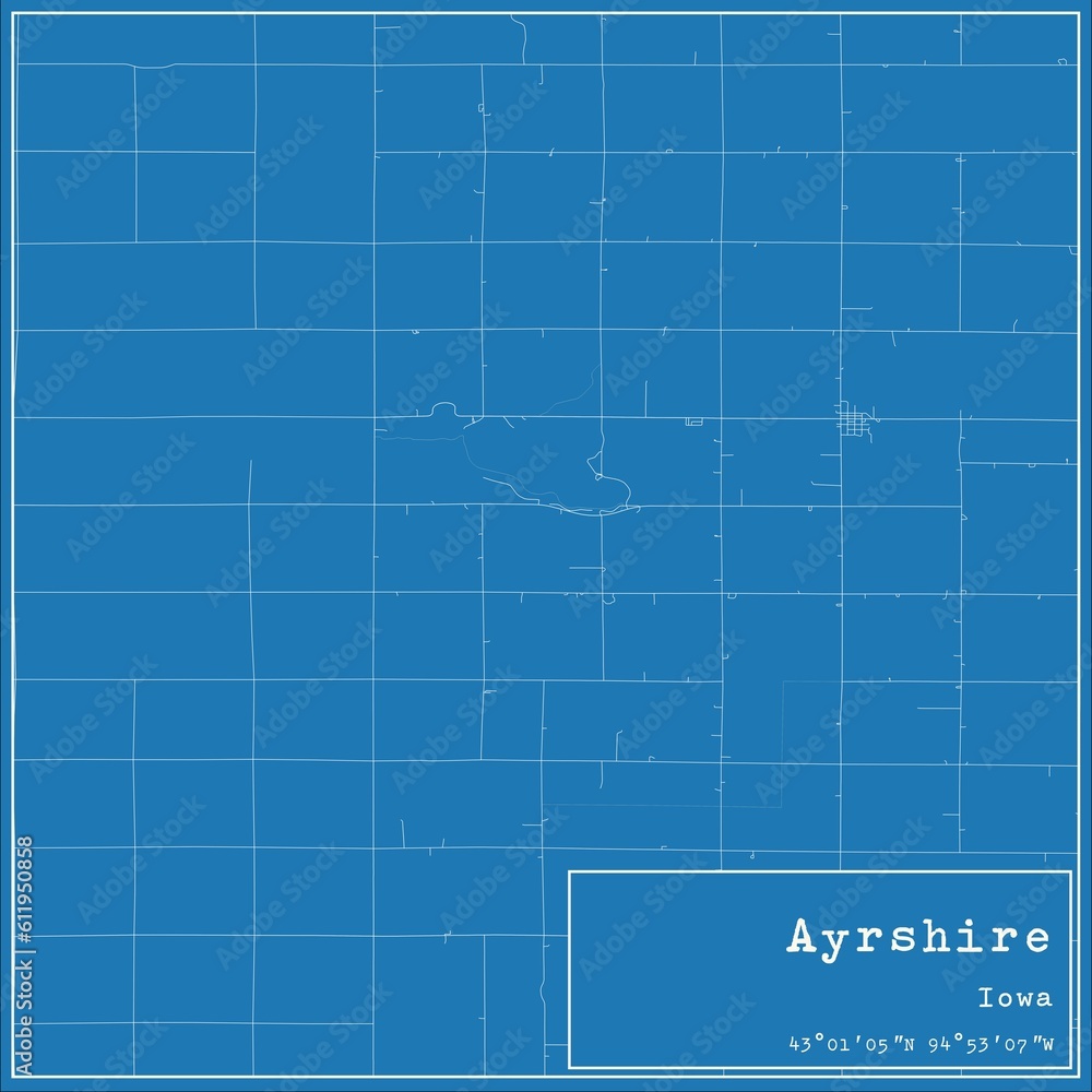 Blueprint US city map of Ayrshire, Iowa.