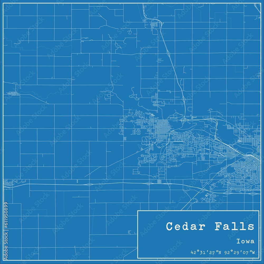 Blueprint US city map of Cedar Falls, Iowa.