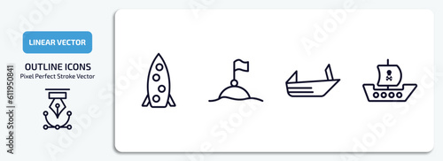 nautical outline icons set. nautical thin line icons pack included one suroard, buoys, roofless speed boat, pirate ship vector.