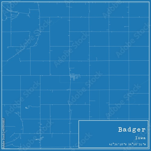 Blueprint US city map of Badger, Iowa.