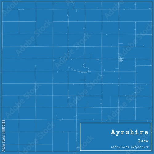Blueprint US city map of Ayrshire, Iowa.