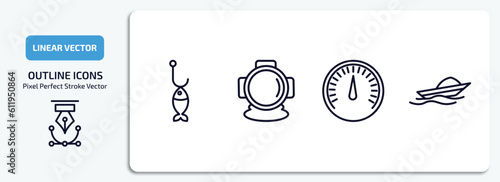 nautical outline icons set. nautical thin line icons pack included fish shaped bait, aqualung, barometer, speed boat vector.