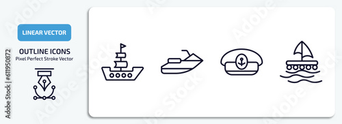 nautical outline icons set. nautical thin line icons pack included frigate, facing right, captain hat, wood raft vector.