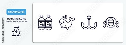nautical outline icons set. nautical thin line icons pack included oxygen tank, whale, double bait, rubber raft vector.