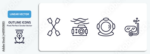 nautical outline icons set. nautical thin line icons pack included double paddle, water resist camera, diving helmet, snorkel vector.