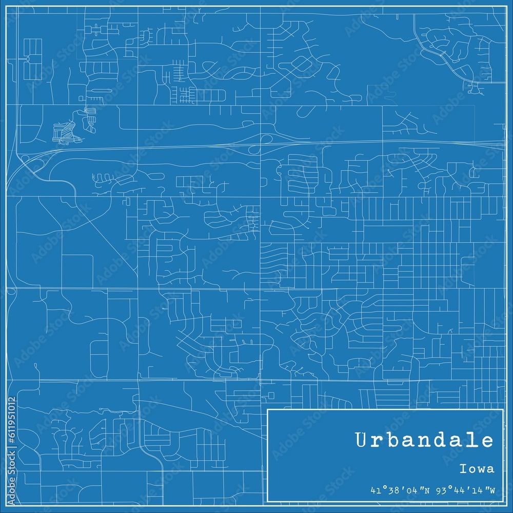 Blueprint US city map of Urbandale, Iowa.