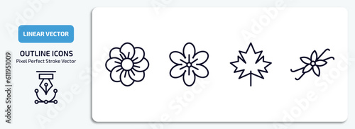 nature collection. thin outline icons set. nature collection. thin thin line icons pack included pansy, geranium, maple, vanilla vector.