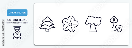 nature outline icons set. nature thin line icons pack included balsam fir tree, petunia, black cherry tree, anthurium vector.