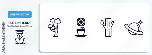 nature outline icons set. nature thin line icons pack included gray birch tree, flowerpot, trunk, saturn with his ring vector.