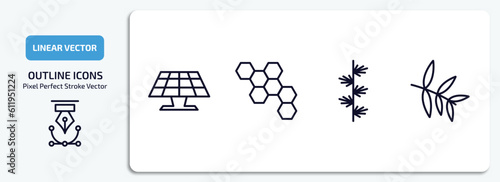 nature outline icons set. nature thin line icons pack included solar, chemical structure, larch leaf, willow leaf vector.