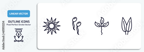 nature outline icons set. nature thin line icons pack included sol, fertilize clinic, cuspicate, lemon leaf vector.
