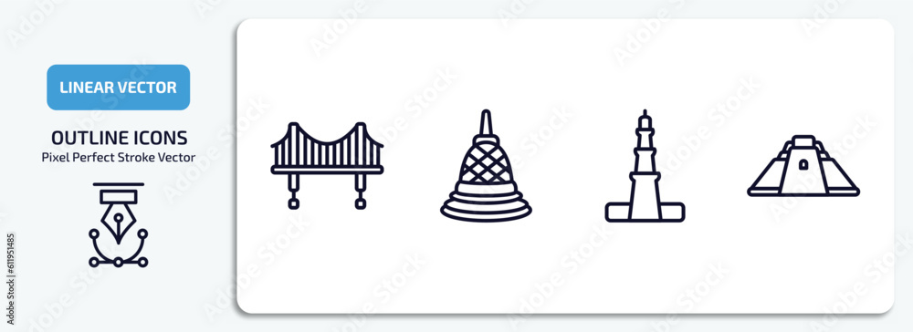 monuments outline icons set. monuments thin line icons pack included vincent thomas bridge, borobudur, qutb minar in new delhi, pyramid of the magician vector.