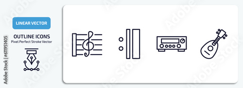 music and media outline icons set. music and media thin line icons pack included stave, repeat, amplifier, mandolin vector.