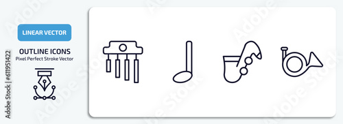 music and media outline icons set. music and media thin line icons pack included chimes, quarter note, jazz, french horn vector.
