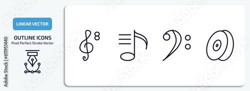music and media outline icons set. music and media thin line icons pack included octave clef, playlist, bass clef, cymbal vector.