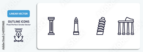 monuments outline icons set. monuments thin line icons pack included greek column, clock tower, tower of pisa, temple of apollo vector.