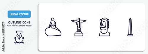 monuments outline icons set. monuments thin line icons pack included denmark, , moia statues, obelisk of bue aires vector.